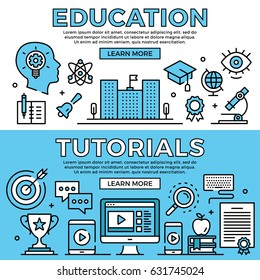 Education, tutorials concepts. Flat design line banners set. Modern graphic elements, thin line icons for web banners, web sites, infographics, printed materials. Premium quality. Vector illustration