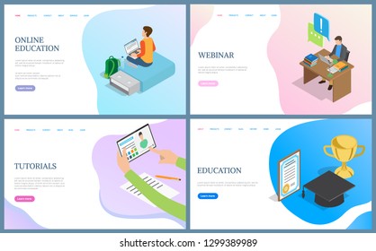 Education and tutorials, webinar web pages. Person working with laptop, using tablet. Website, online learning concept, rewards of graduating vector. Template landing page in flat