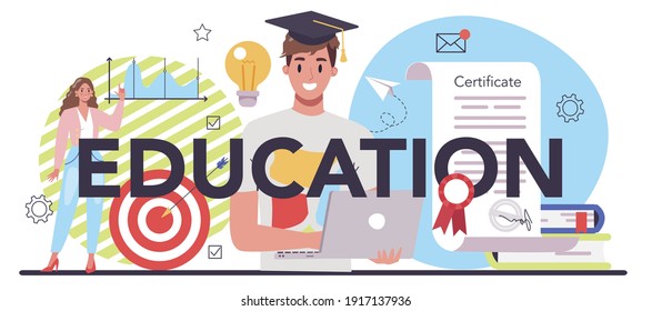 Education typographic header. Business personnel management and empolyee growth. Professional tuition, business school. Online business training. Isolated flat vector illustration