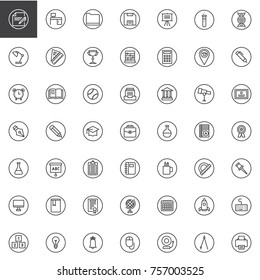 Education universal line icons set, outline vector symbol collection, linear style pictogram pack. Signs, logo illustration. Set includes icons as abacus, calculator, certificate, protractor, notebook