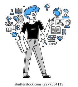 Education in university or collage, student is doing homework or preparing for exam, vector outline illustration, study sciences and graduate.