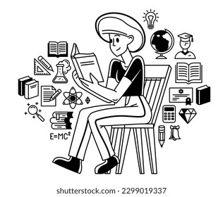 La educación en la universidad o en el collage, el estudiante está haciendo los deberes o preparándose para el examen, la ilustración de esquemas vectoriales, las ciencias de estudio y los graduados.