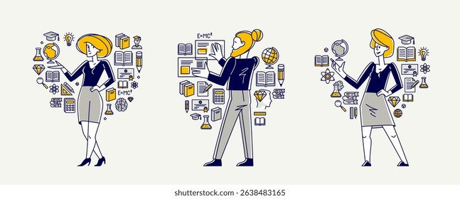 Education in university or collage, student is doing homework or preparing for exam, vector outline illustration set, study sciences and graduate.