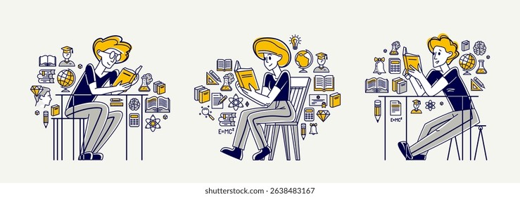 Education in university or collage, student is doing homework or preparing for exam, vector outline illustration set, study sciences and graduate.