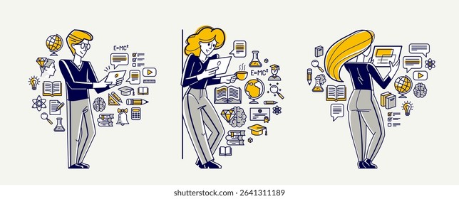 Education in university or collage, student is doing homework or preparing for exam, vector outline illustration set, study sciences and graduate.