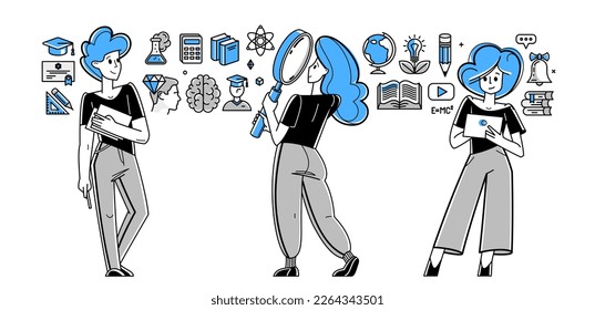 Education in university or collage, students are doing homework or preparing for exam, vector outline illustration, study sciences and graduate.