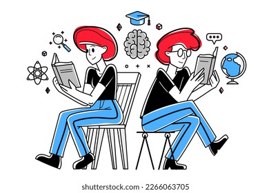 Education in university or collage, students are doing homework or preparing for exam, vector outline illustration, study sciences and graduate.