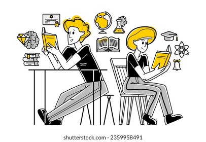 Education in university or collage, students are doing homework or preparing for exam, vector outline illustration, study sciences and graduate.