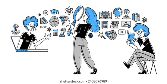 Education in university or collage, students are doing homework or preparing for exam, vector outline illustration, study sciences and graduate.