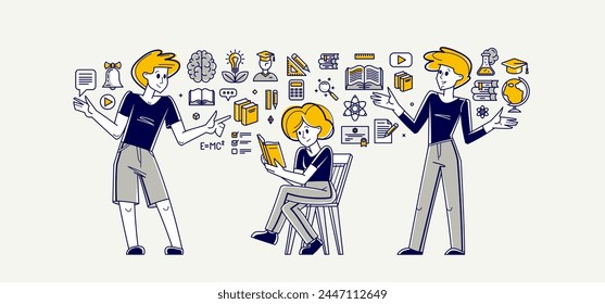 Education in university or collage, students are doing homework or preparing for exam, vector outline illustration, study sciences and graduate.