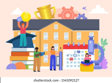 Education in university or college. Group of students stand near big stack of books, university building. Poster for social media, web page, banner, presentation. Flat design vector illustration