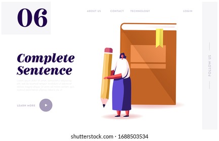 Education in University or College Landing Page Template. Young Woman Character Hold Pen front of Huge Book Prepare to Grammar Examination or Making Homework. Cartoon People Vector Illustration