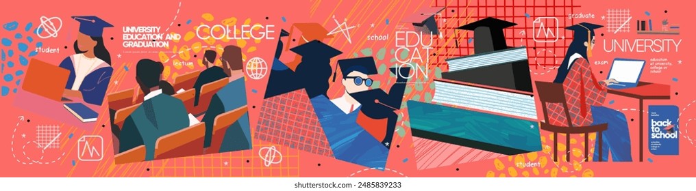 Education at university, college and school. Vector abstract modern illustration of graduates, textbooks, studying student at computer preparing for exams and doing homework, lecture in the audience