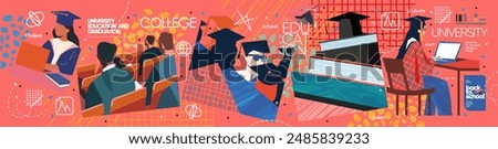 Education at university, college and school. Vector abstract modern illustration of graduates, textbooks, studying student at computer preparing for exams and doing homework, lecture in the audience