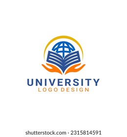 education university logo design. Vector illustration globe, school, book and hand. Modern logo design vector icon template