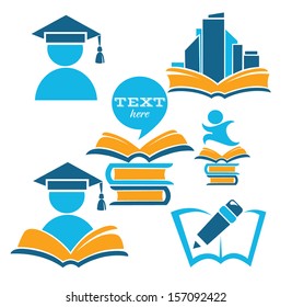 education in university, vector collection of reading symbols, books, studying and education