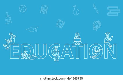Education. Users are located near letters. vector illustration