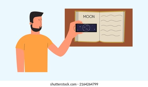 Education using augmented reality. A man is studying a book on astronomy with the help of ar technology. Vector illustration