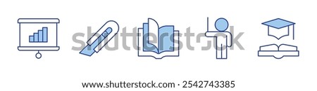 education, utility-knife, open book, lecturer, presentation. icon vector illustration. Line Duotone style. Editable stroke.