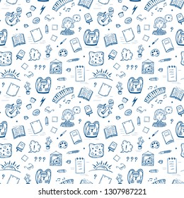 Education Vector Background. Back to School Seamless Pattern for Kids. Hand Drawn Doodle Cartoon School Supplies Icons