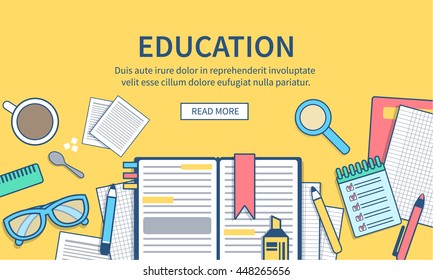 Education vector banner. Concept education illustration in modern line style for web banner and backgrounds.