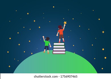 Education vector concept: back view of unidentified boys standing on pile of books while reaching the stars