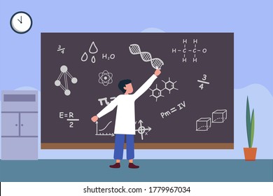 Education vector concept: boy wearing lab coat while writing science equations on the blackboard