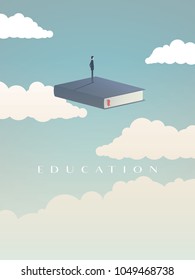 Education vector concept. Businessman or student standing on book looking at future. Symbol of career, job, graduate, achievement, wisdom. Eps10 vector illustration.