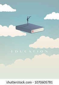 Education vector concept. Businessman or student standing on book, flying in the sky, looking at future. Symbol of career, job, graduate, achievement, wisdom. Eps10 vector illustration