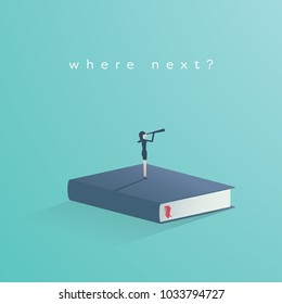 Education vector concept. Businesswoman or student standing on book looking at future. Symbol of career, job, graduate, achievement, wisdom. Eps10 vector illustration.