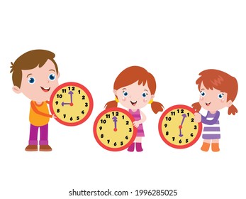 Education vector concept. Children holding clocks to learn about time