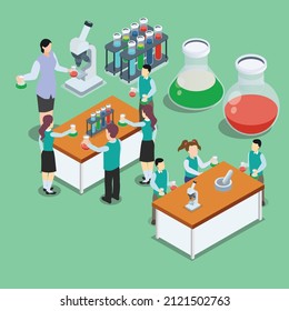 Education vector concept. Female biology teacher explaining chemical liquid to her students in the laboratory
