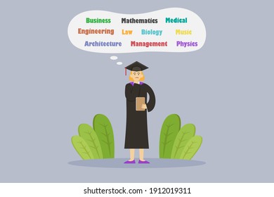 Education Vector Concept: Female College Student Thinking About Major Study While Wearing Graduation Hat