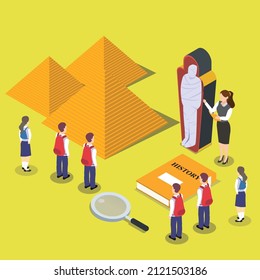 Education vector concept. Female teacher explaining the mummy sarcophagus to her students in the museum while standing near pyramids