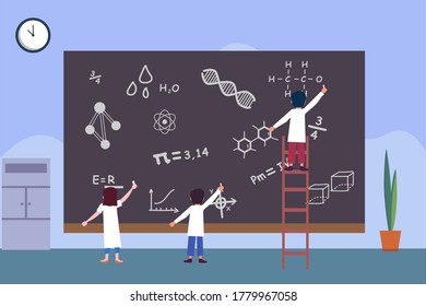 Education vector concept: group of students wearing lab coats while writing science equations on the blackboard