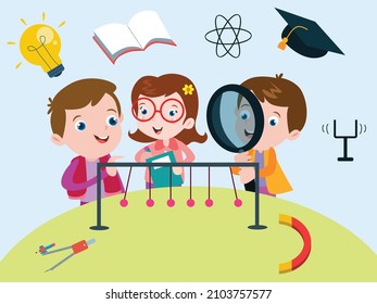 Education vector concept: Group of three little students learn pendulum together with magnifying glass, book and bulb