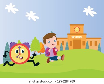 Education vector concept. Little boy in hurry going to school chased by time