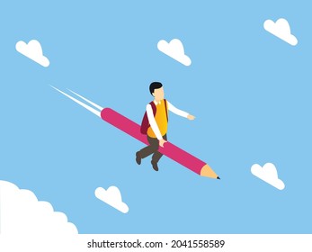 Education vector concept. Little boy flying with a pencil in the blue sky while carrying backpack