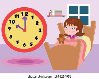 Education vector concept. Little girl awakened at night and sitting on the bedroom