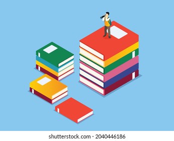 Education vector concept. Male high school student using a telescope while standing on the pile of books