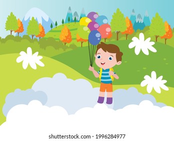 Education vector concept. Male student holding balloon and flying at the park while carrying backpack