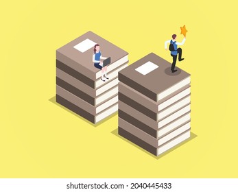 Education vector concept: Male student holding a star while standing on the different stack of books with his rival