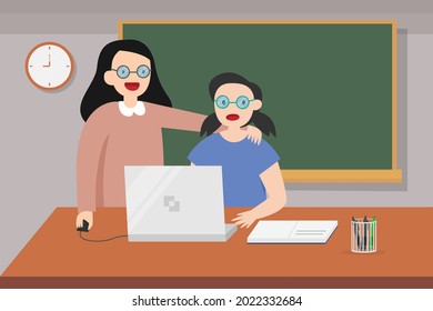 Education vector concept: Schoolgirl learning with her female teacher while using laptop in the classroom