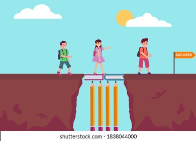 Education vector concept: Students walking on the bridge of books together towards success word