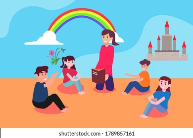 Education vector concept: teacher telling tales from the book to her kindergarten students