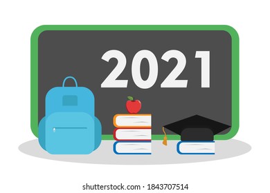 Concepto de vector de educación: Texto de 2021 con libros, mochila, manzana y gorro de graduación
