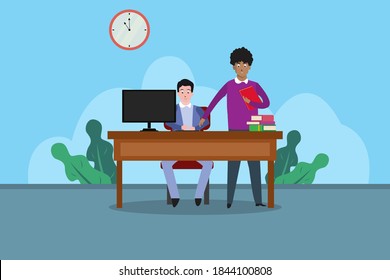 Education vector concept: University students learning with computer together in the classroom