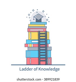 Education vector flat thin line illustration.Books stack with graduate cap on top and ladder over heap of books. Steps to knowledge in university and college classes. 