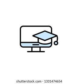 Education vector icon- education cap hanging on the monitor