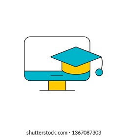 Education vector icon- education cap hanging on the monitor